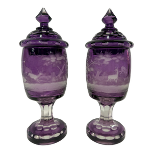 Pair of Bohemian Amethyst Engraved Covered Beakers, Late 19th Century