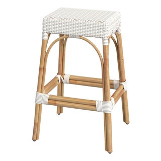 Robias 30 in. Seat Height Rectangular Rattan Backless Bar Stool, Glossy White/ Natural Rattan Frame For Sale