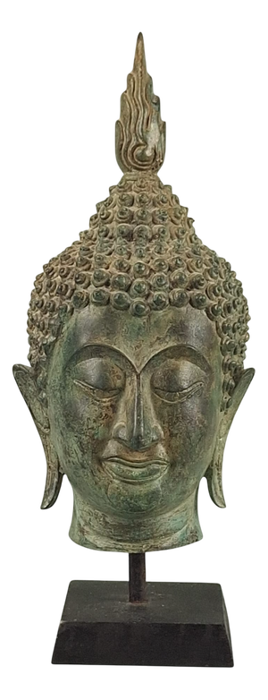 Antique Burmese Bronze Buddha Head on Wooden Base, 1800s