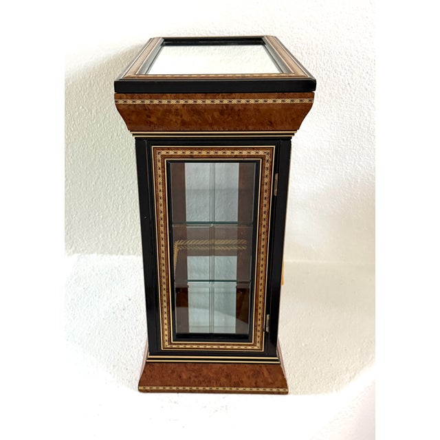 Wood A Vintage Style Double Glass Mirrored Burl Curio Inlaid Marquetry Made in Italy For Sale - Image 7 of 11