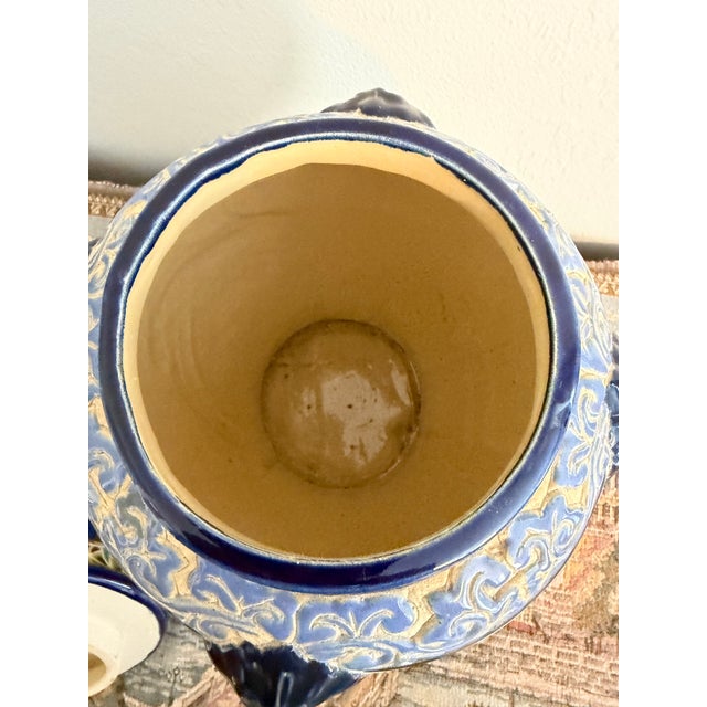 Ceramic Vintage Chinoiserie 15" Majolica Temple Jar With 4 Blue Lion Handles For Sale - Image 7 of 11