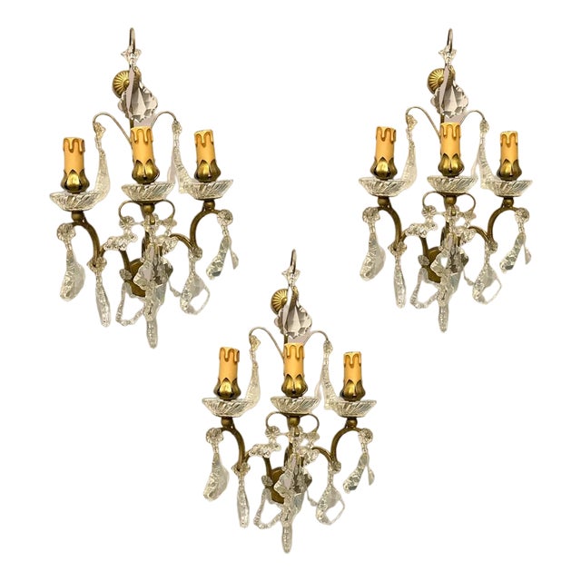 Large Crystal Sconces, 1960s, Set of 3 For Sale