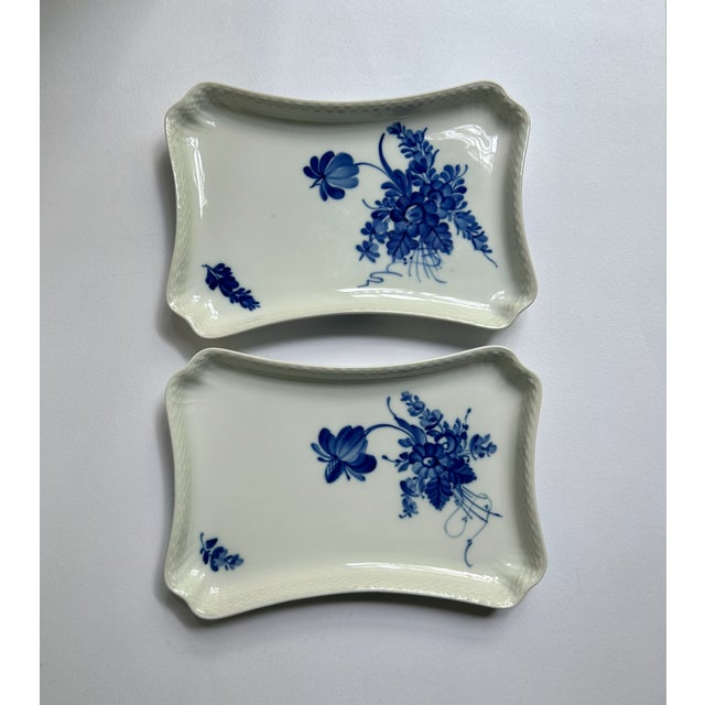 Two vintage Blue and White Royal Copenhagen "Blå blomst" Lattice edge Porcelain Platters. Featuring rounded rectangular...