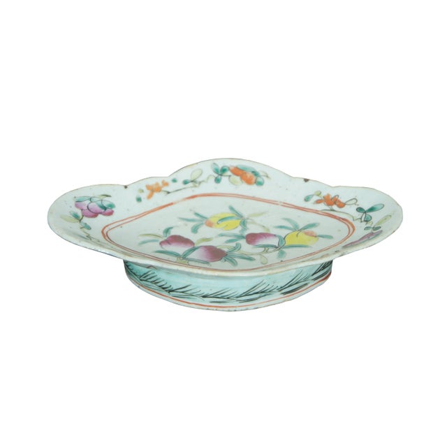 Antique early 20th century Chinese famille rose porcelain tazza / chop suey / footed altar dish with a scalloped oval...