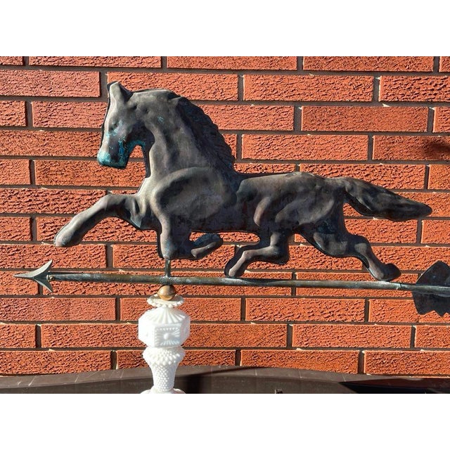 Early 20th Century Copper Horse Weathervane With Copper Ball and Milk Glass & Wood Stand For Sale - Image 6 of 14