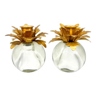 Vintage Glass and Brass Flower Candle Holders- a Pair For Sale