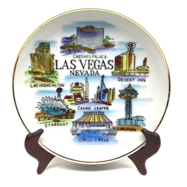 Las Vegas vintage highlights of hotels painted on a white ceramic porcelain plate. The memories of the original Las Vegas...