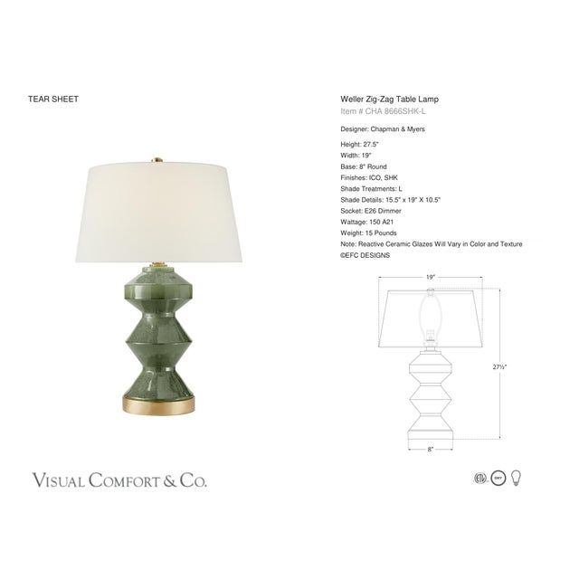 Chapman & Myers by Visual Comfort Signature Weller Zig-Zag Table Lamp in Shellish Kiwi with Linen Shade Designer: Chapman...