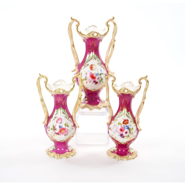 Antique English Porcelain Gilt & Painted Three-Piece Urn / Vase Garniture Set For Sale - Image 10 of 10