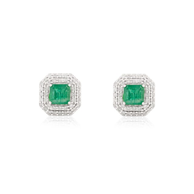 Metal 14k Gold Statement Emerald & Diamond Halo Earrings Wedding Gift- A Pair For Sale - Image 7 of 11