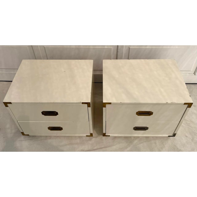 Wood 1970's Pair of White Campaign Nightstands For Sale - Image 7 of 12