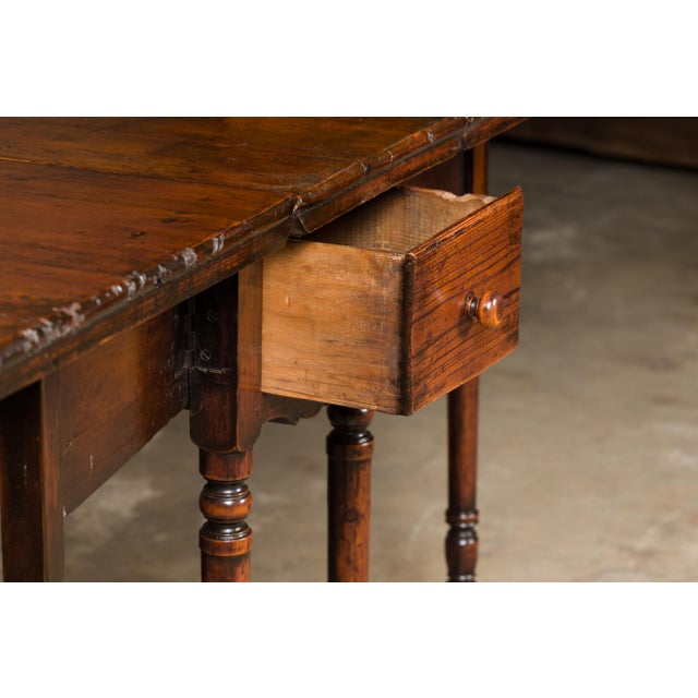 English 19th Century Oak Drop Leaf Table with Turned Legs and Two Drawers For Sale - Image 9 of 12