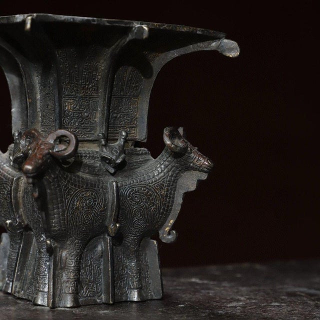 Asian Bronze Gilded Four Rams Square Zun, Archaic Style Ritual Vessel For Sale - Image 3 of 9