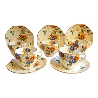 Vintage Art Deco Royal Doulton 'Kew' Moriage Flower Pattern Cups and SAUCERS-set of 5 For Sale