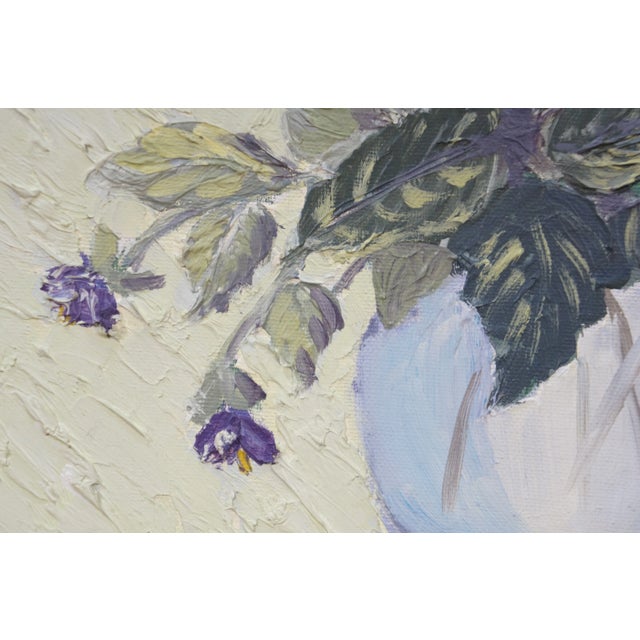 Paper Late 20th Century Helen McRae Still Life Vase of Pansies Floral Oil Painting on Board 12" For Sale - Image 7 of 9
