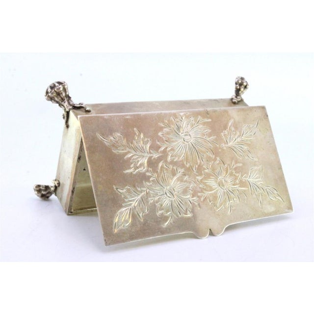 Silver Jewelry Box with Floral Motifs Engraved on the Lid and Resting on Four Claw-Shaped Feet For Sale - Image 3 of 8