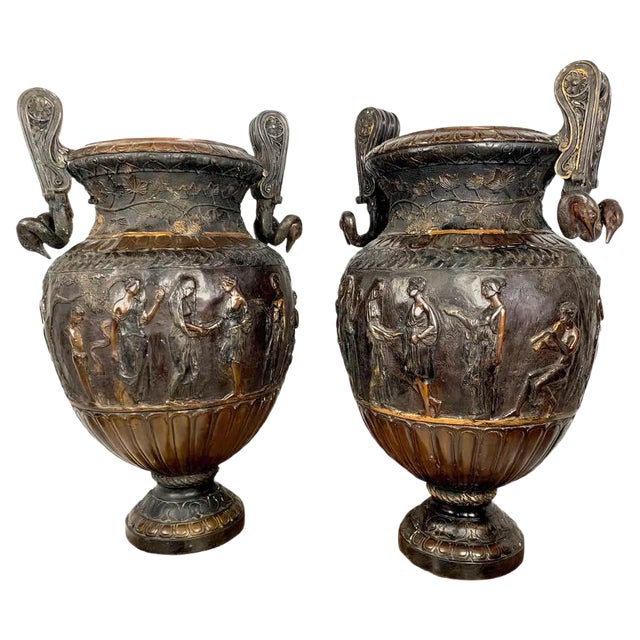 Neoclassical Roman Style Cast Bronze Urns, Set of 2 For Sale