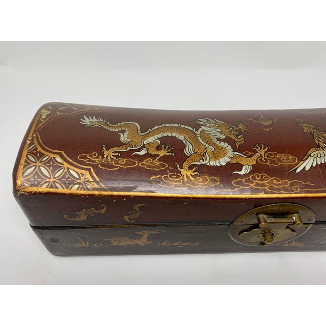 Wood Antique Chinese Hand-Painted Leather Covered Pillow Box For Sale - Image 7 of 12