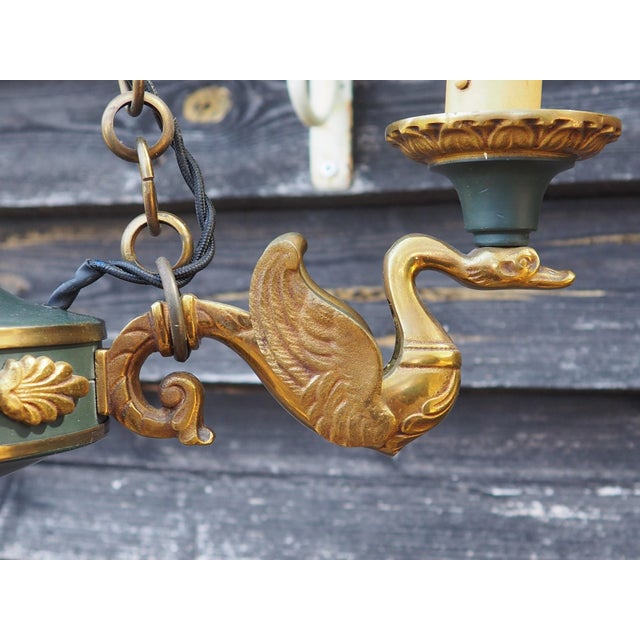 Metal Mid-Century French Empire Style Bronze 3-Branch Swan Chandelier by Lucien Gau, 1970s For Sale - Image 7 of 18