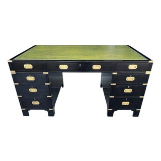 Antique British Campaign Style Executive Desk With Green Leather Writing Top For Sale