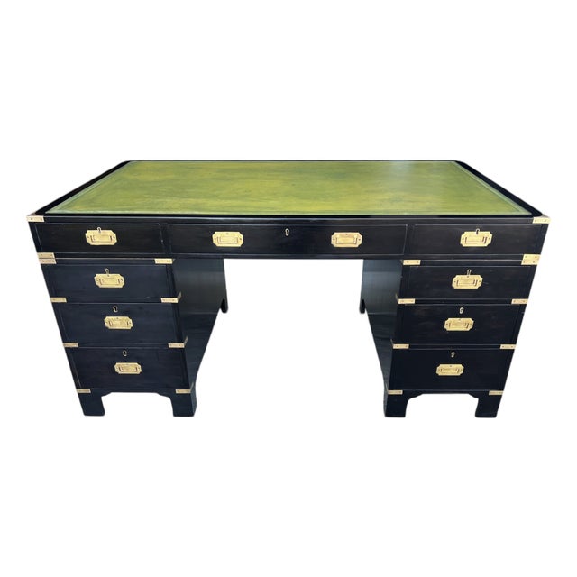 Antique British Campaign Style Executive Desk With Green Leather Writing Top For Sale
