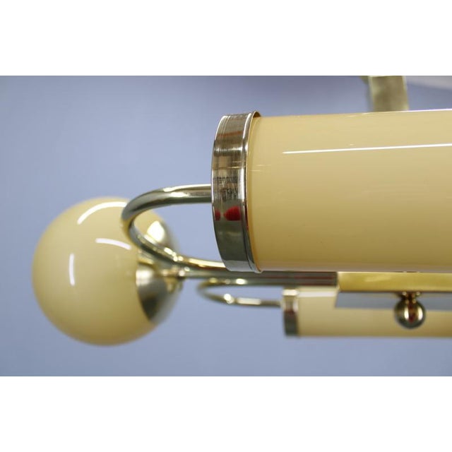 Czech Art Deco Brass Chandelier with Globe and Opaline Shades, 1930s For Sale - Image 13 of 18