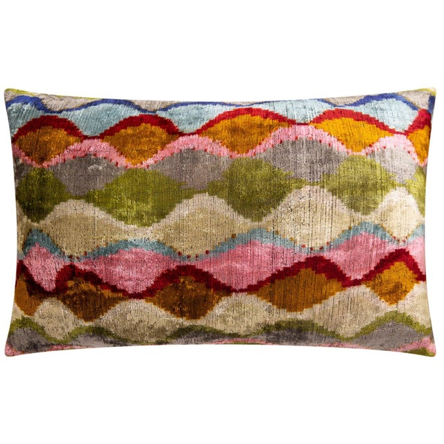 Handmade Silk Velvet Throw Pillow - Multicolored Geometric Design With Down Feather Insert For Sale - Image 4 of 5