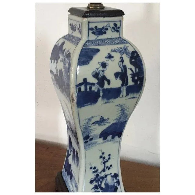 Blue Antique 19th Century Chinese Blue & White Porcelain Vase Decorated With Figures in Landscape Representing the Four Seasons Mounted as a Lamp For Sale - Image 8 of 11