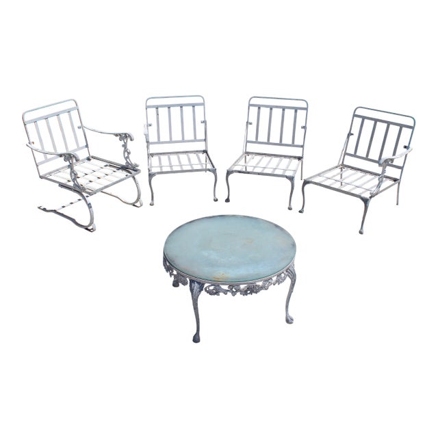 Vintage 1950s Cast Aluminum Patio Set | 5-Piece Outdoor Seating | Rocker Chairs + Bench + Glass Top Table | Hollywood Regency Garden Furniture For Sale