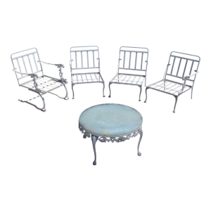 Vintage 1950s Cast Aluminum Patio Set | 5-Piece Outdoor Seating | Rocker Chairs + Bench + Glass Top Table | Hollywood Regency Garden Furniture