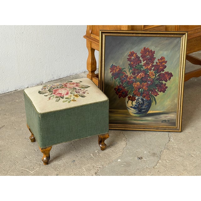 Vintage Ottoman in Walnut with Needlepoint Top, 1920s For Sale - Image 3 of 8