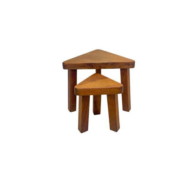 Mid-Century Modern Brutalist Oak Triangle Nesting Tables in style of Pierre Chapo, 1970s, Set of 2 For Sale - Image 3 of 9