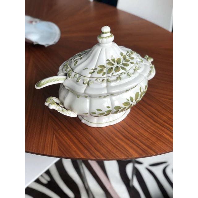 Italian Faience Soup Tureen With Ladle in Green and White Botanical Accents-Signed For Sale - Image 9 of 12