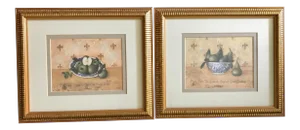 Shelley Hely Fleur De Lis Fruit Bowls French Country Farmhouse Blue and White Gold Prints - a Pair