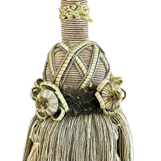 Nice larger size handmade French tassel. In lovely complimentary shades of green with light tan or champagne color base....