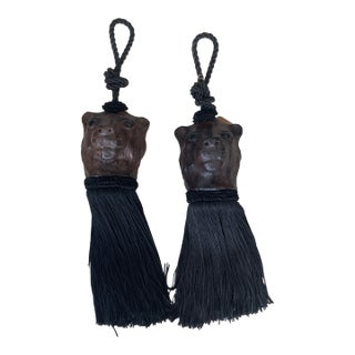 Early 20th Century Pair of Bear Head Leather Wrapped Curtain Tieback Tassels For Sale