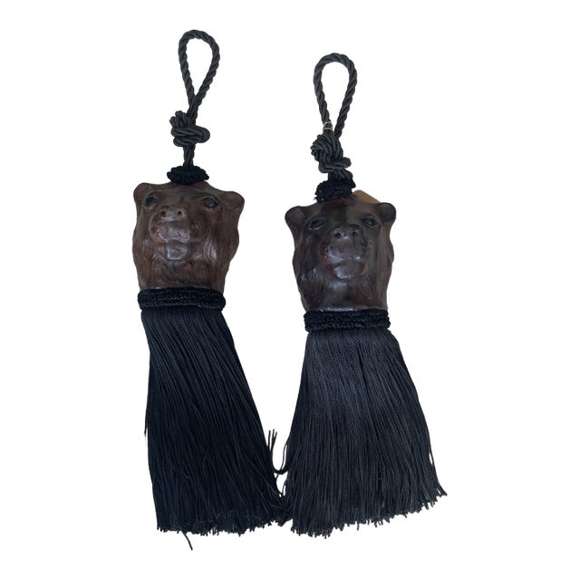 Early 20th Century Pair of Bear Head Leather Wrapped Curtain Tieback Tassels For Sale