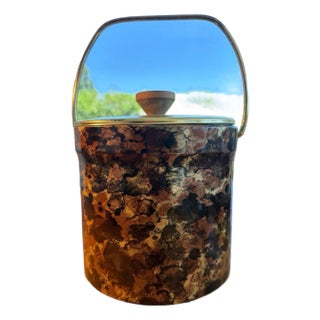 Vintage Mid-Century Modern Gessner Tortoise Shell Vinyl Ice Bucket with Brass Ha For Sale