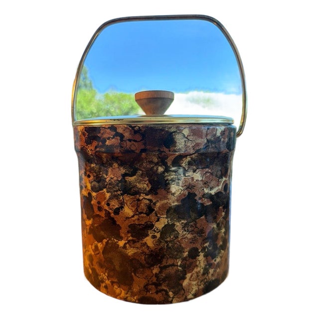 Vintage Mid-Century Modern Gessner Tortoise Shell Vinyl Ice Bucket with Brass Ha For Sale