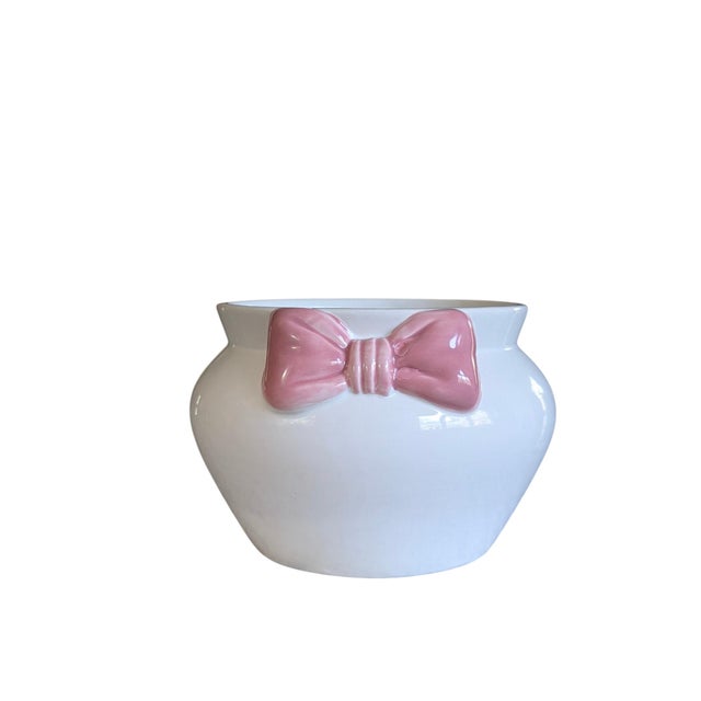 Shabby Chic Grandmillenial White Ceramic Fishbowl Planter With Pink Bow For Sale - Image 3 of 14