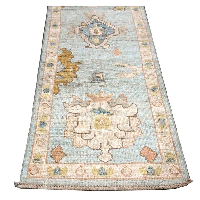 21st Century Turkish Oushak Wool 2X10 Gold, Light Blue & Ivory Handmade Runner Rug #1144116 For Sale - Image 4 of 11