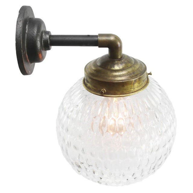 Mid-Century Modern Vintage Industrial Clear Glass and Brass Cast Iron Sconce For Sale - Image 3 of 6