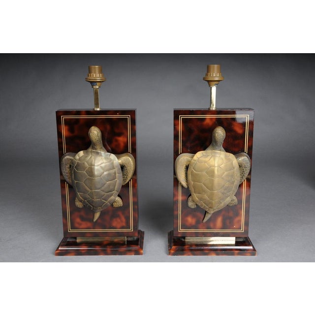 Pair (2) designer vintage tortoise table lamps, brass, tortoiseshell pattern Table lamp in a tortoiseshell pattern with a...