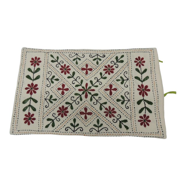 Green and Red Indian Embroidered Bolster Pillow 15 X24 For Sale