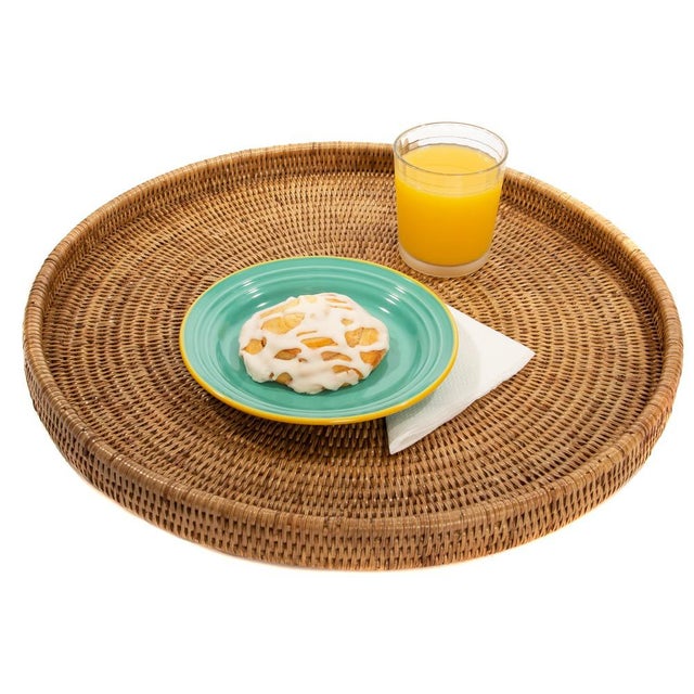 2020s Artifacts Rattan Round Serving / Ottoman Tray in Honey Brown - 19" For Sale - Image 5 of 6