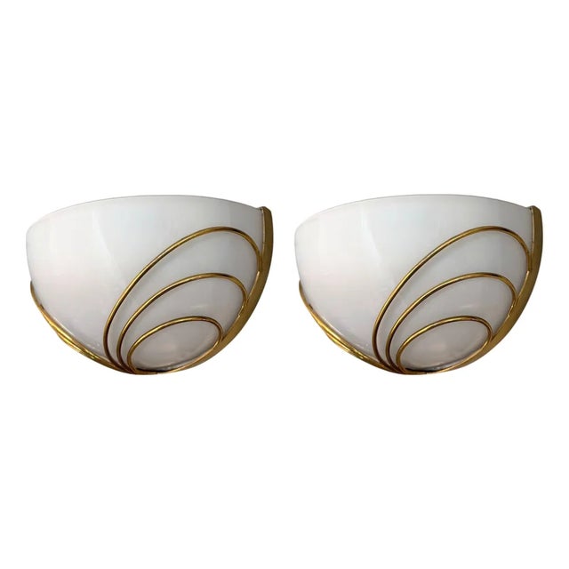 1960s Italian Mid-Century Half-Moon Murano Opaline Glass & Brass Wall Sconces - Pair For Sale
