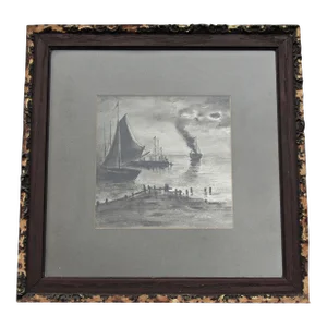 Antique Nautical Watercolor/Ink on Paper – Signed Harbor Scene in Ornate Frame, Chas. W. Thurmond Stamp
