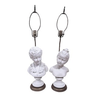 Pair Antique French Belle Epoque White Bisque Porcelain Boy & Girl Bust as Lamps For Sale