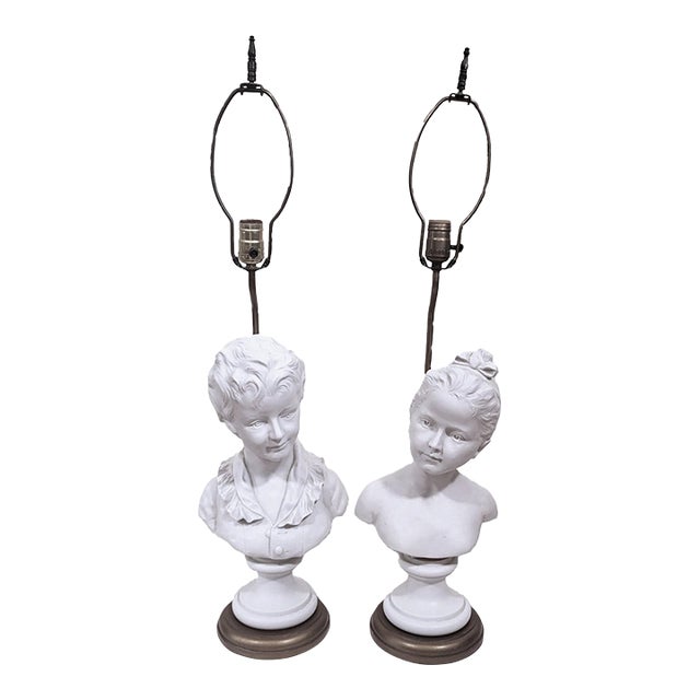 Pair Antique French Belle Epoque White Bisque Porcelain Boy & Girl Bust as Lamps For Sale