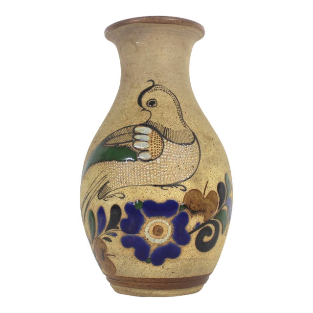Vintage Mexican Pottery Vase With Bird Blue Brown Tonala Mexico Glazed Interior Signed For Sale